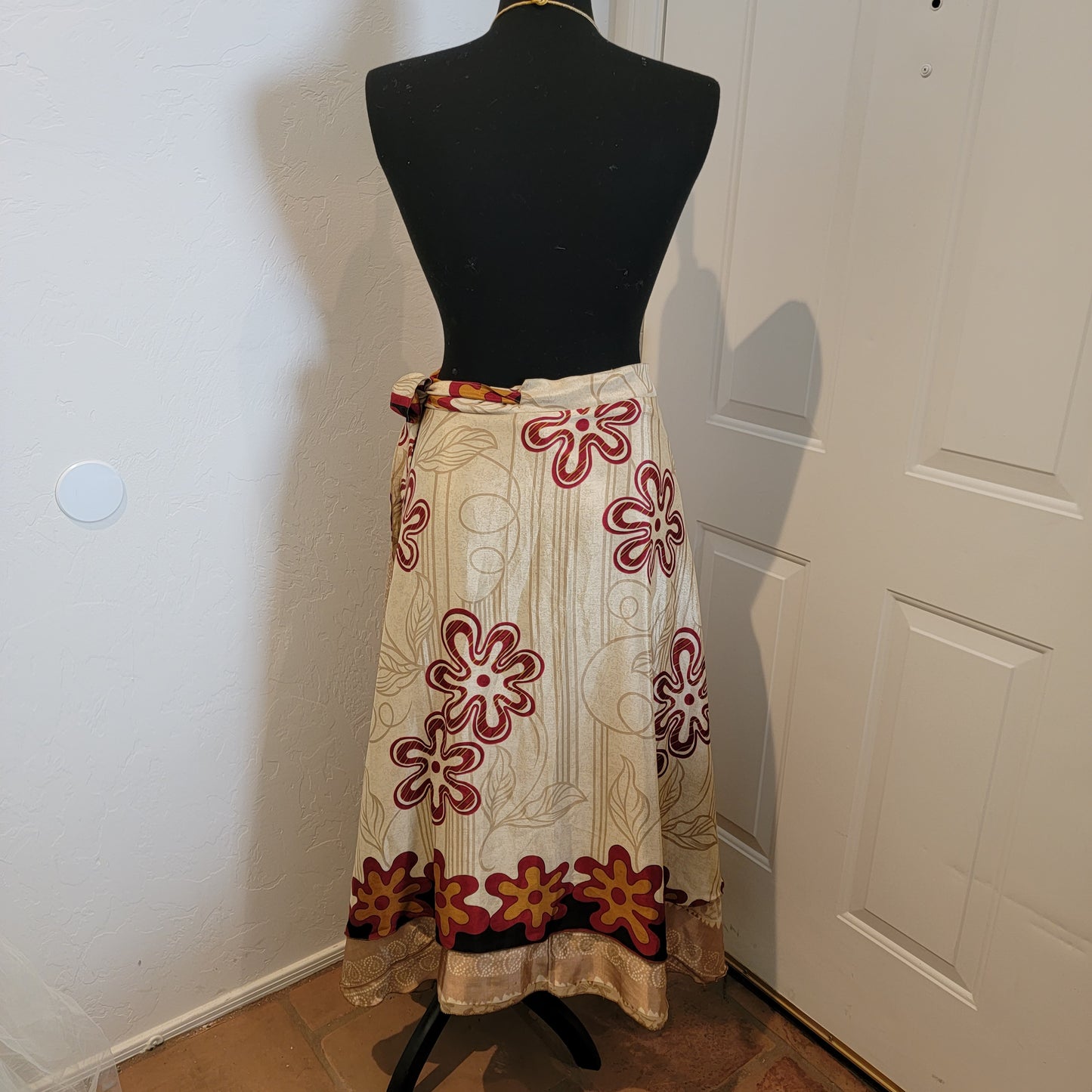 Boho Festival Ivory Merlot Print Silk Reversible Wrap Maxi Skirt