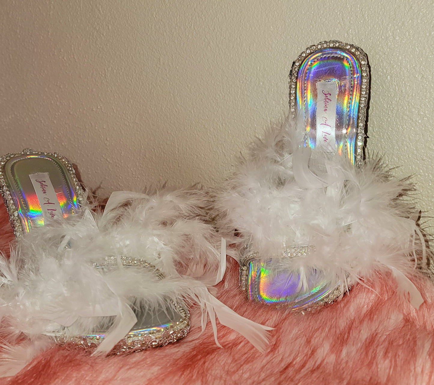 "TAWNY MARIE" Silver & White Feather Mules