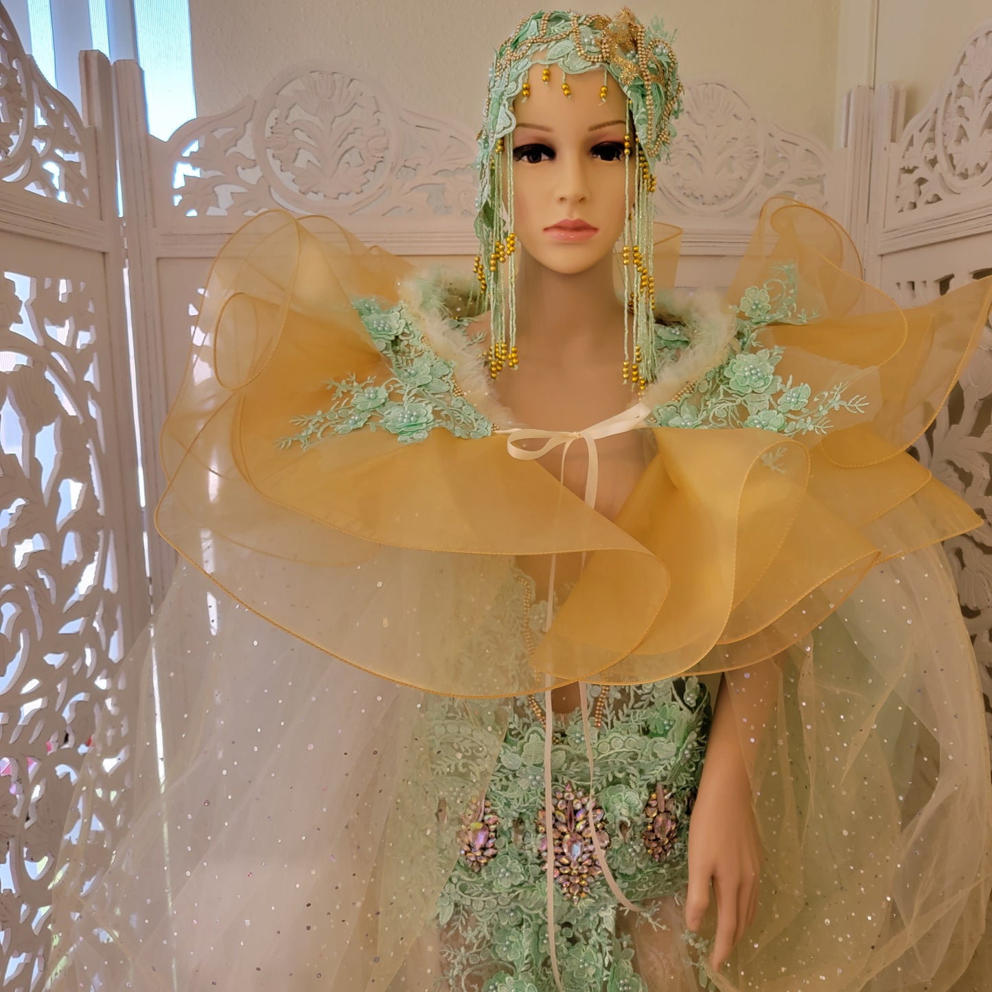SAMPLE GOWN SET ONLY "Lady Stephanie" Mint Green Lace Organza Gatsby Inspired Wedding Gown Set
