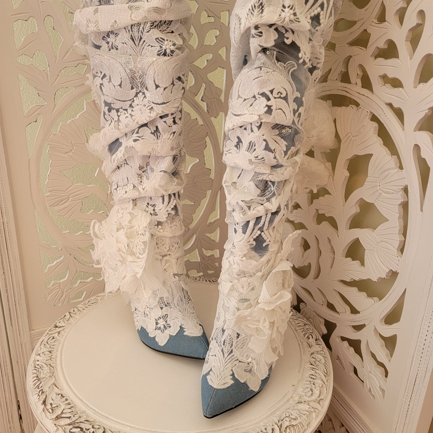 "MAGNOLIA" Denim & White Lace Over The Knee Boots