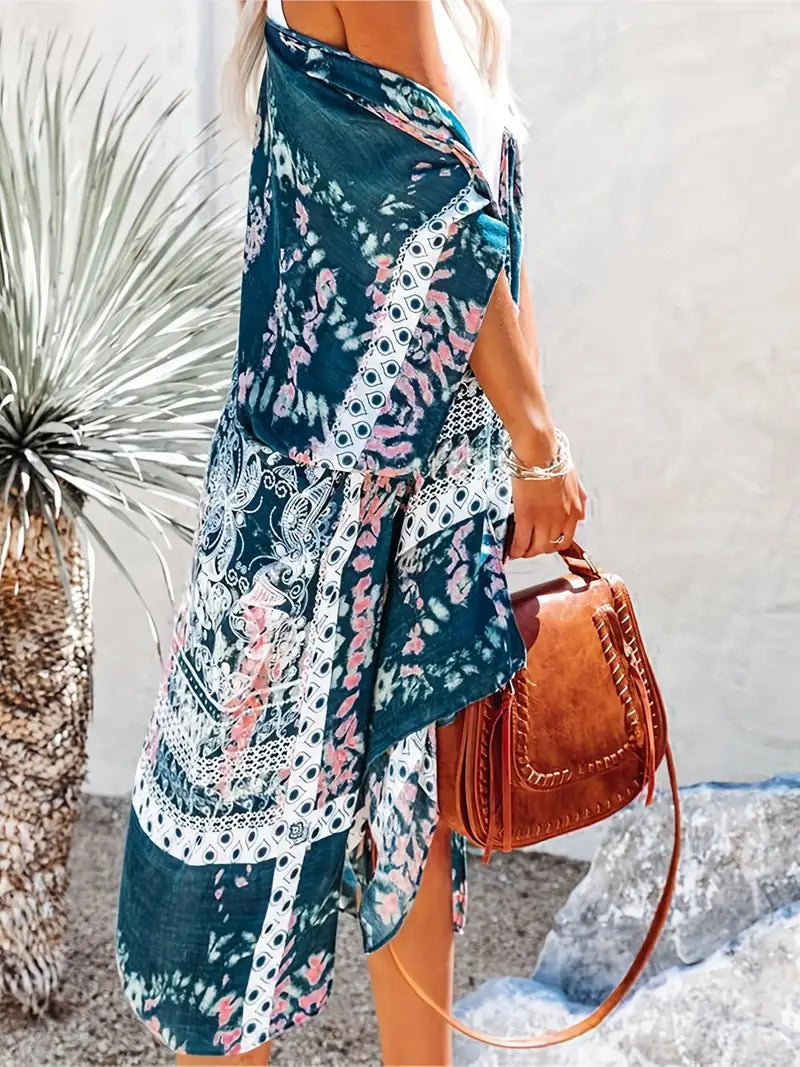 Exotic Boho Festival Blue Multicolor Tie Dye Print Kimono