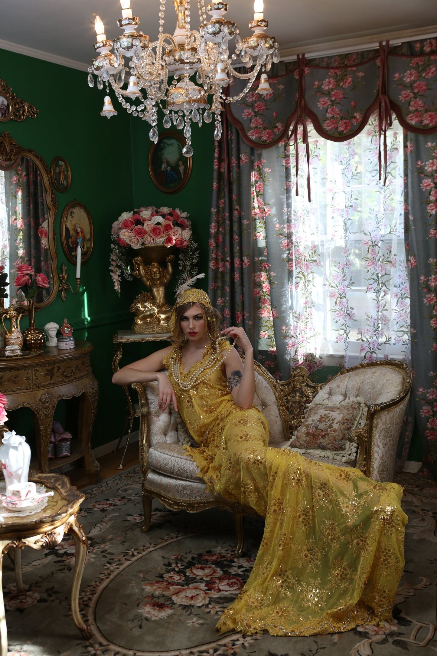 "DUCHESS RUTH" Gold Embroidered Sequin Lace Gatsby Mermaid Wedding Gown Set