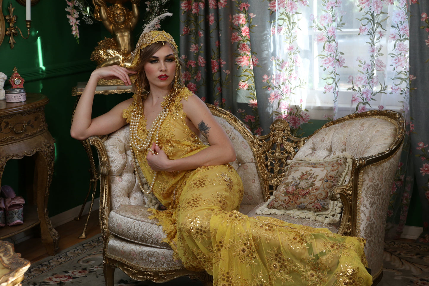 "DUCHESS RUTH" Gold Embroidered Sequin Lace Gatsby Mermaid Wedding Gown Set