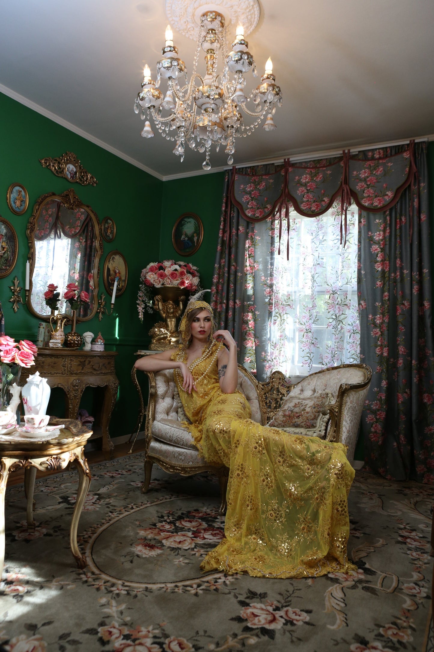 "DUCHESS RUTH" Gold Embroidered Sequin Lace Gatsby Mermaid Wedding Gown Set