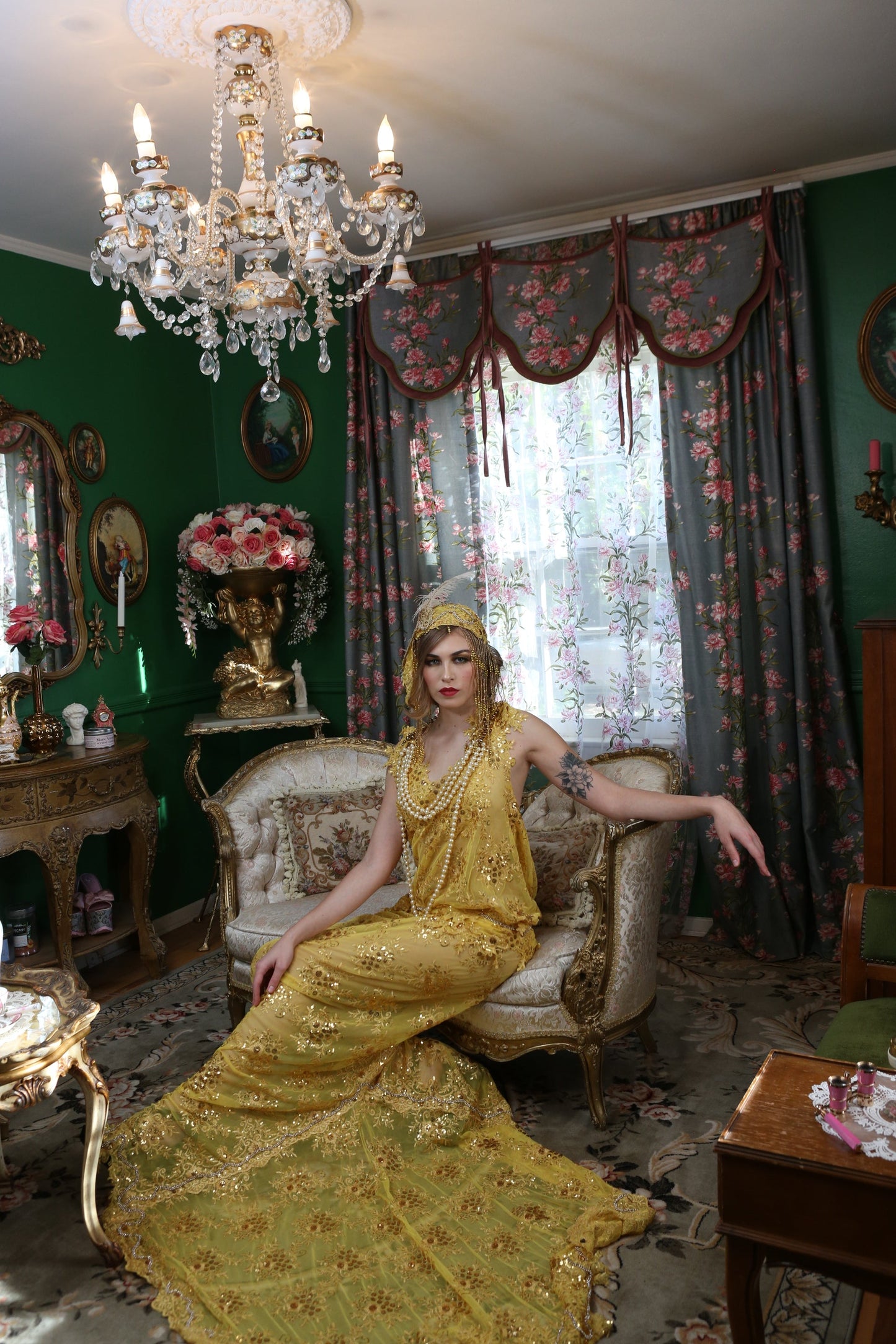 "DUCHESS RUTH" Gold Embroidered Sequin Lace Gatsby Mermaid Wedding Gown Set