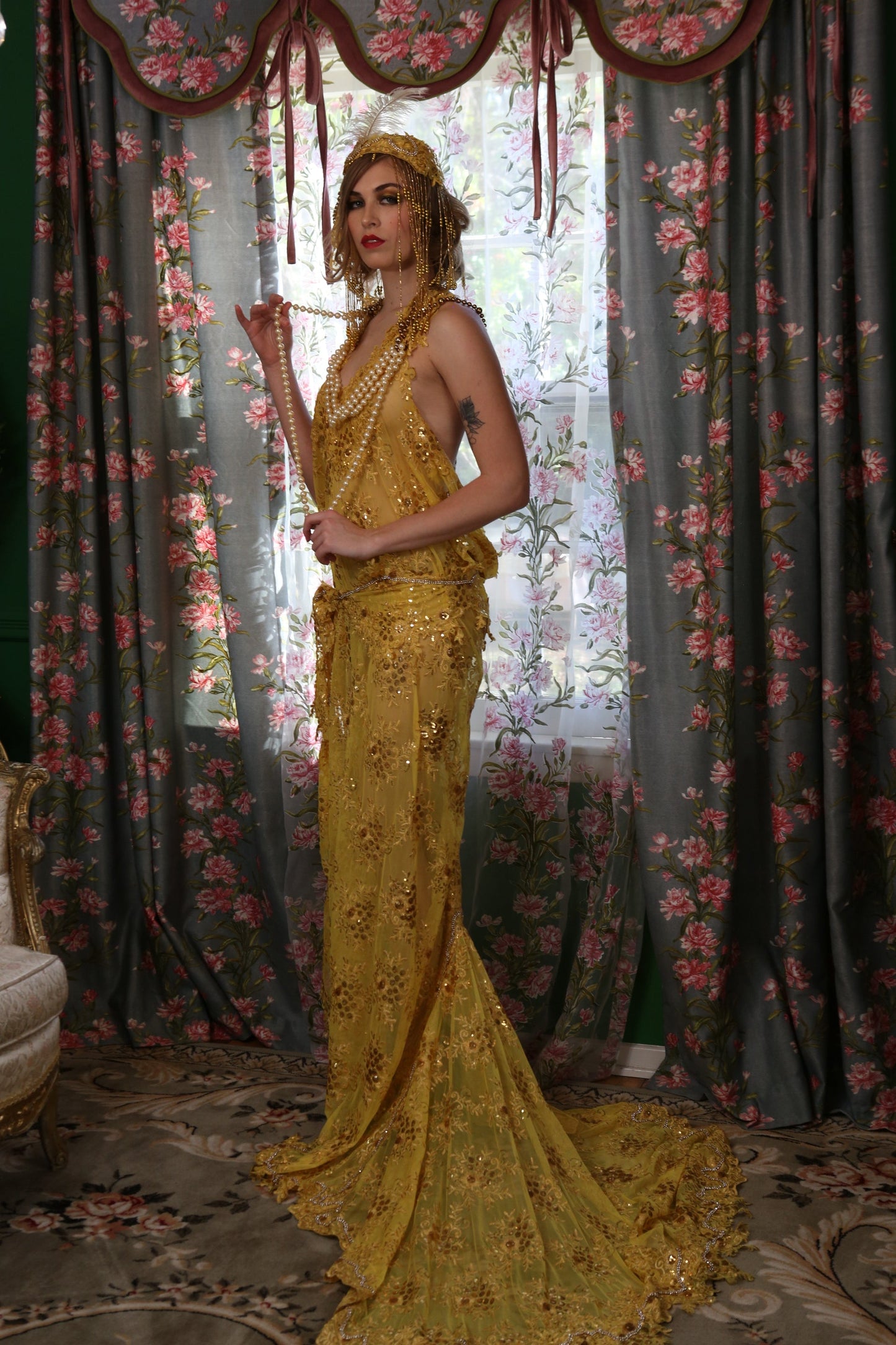 "DUCHESS RUTH" Gold Embroidered Sequin Lace Gatsby Mermaid Wedding Gown Set