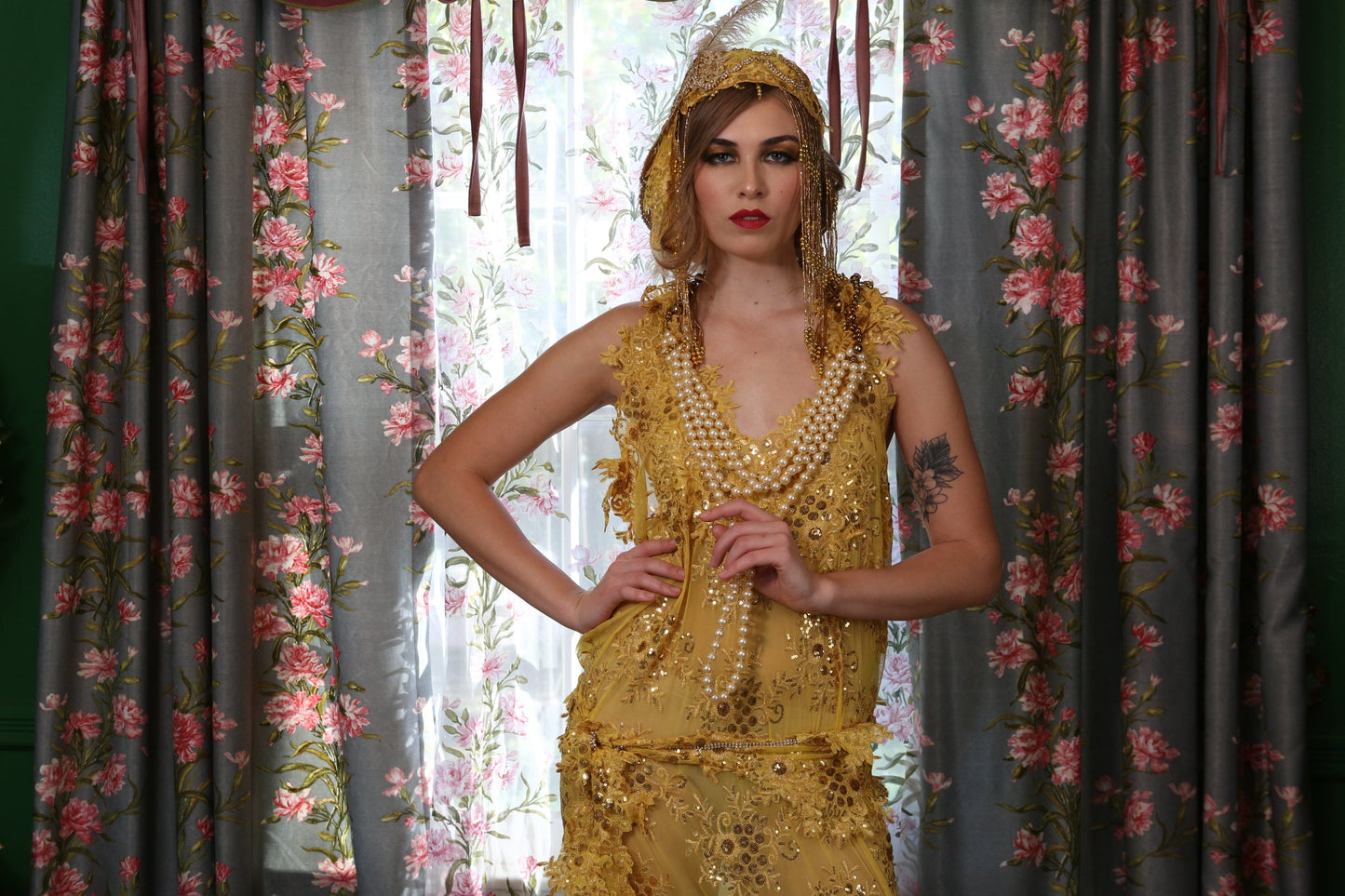 "DUCHESS RUTH" Gold Embroidered Sequin Lace Gatsby Mermaid Wedding Gown Set
