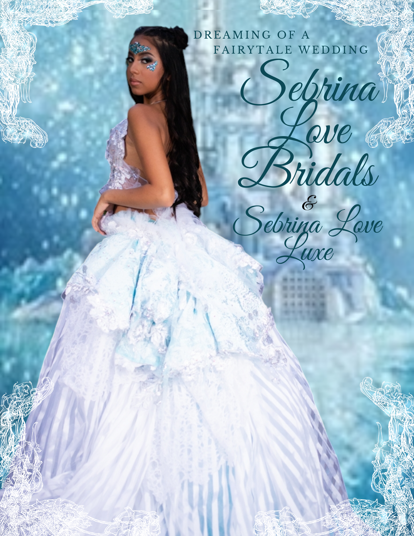 SAMPLE GOWN "THANIA" White, Ice Blue Silver Embroidered, Crystal Striped Organza Wedding Ballgown Set