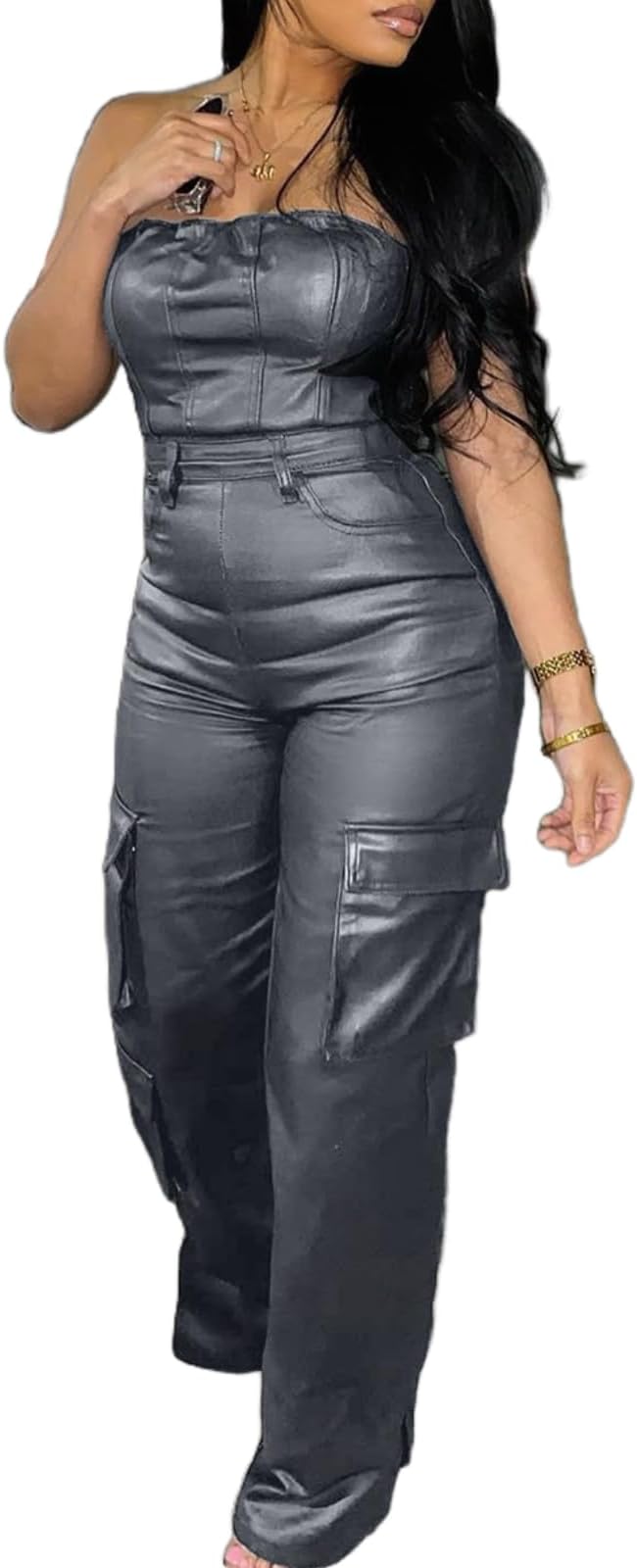 Sexy Grey Faux Leather Strapless Cargo Jumpsuit Catsuit