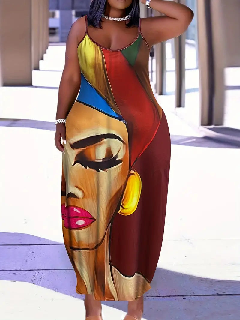 Plus Exotic Burgundy Multicolor Nubian Lady Portrait Maxi Dress