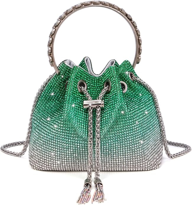 Green Ocean Blue & Silver Diamante Bucket Handbag Rhinestone Clutch Purse Evening Wedding