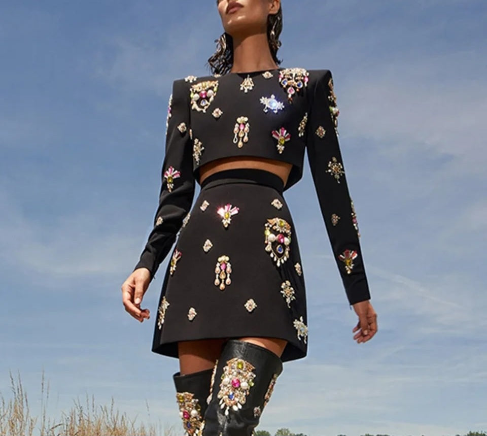 Sexy Black Multicolor Bejeweled 2 Piece Bolero & Mini Skirt Set
