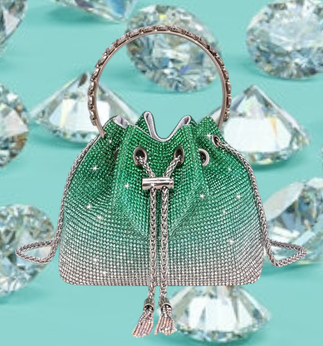 Green OceanBlue & Silver Diamante Bucket Handbag Rhinestone Clutch Purse Evening Wedding
