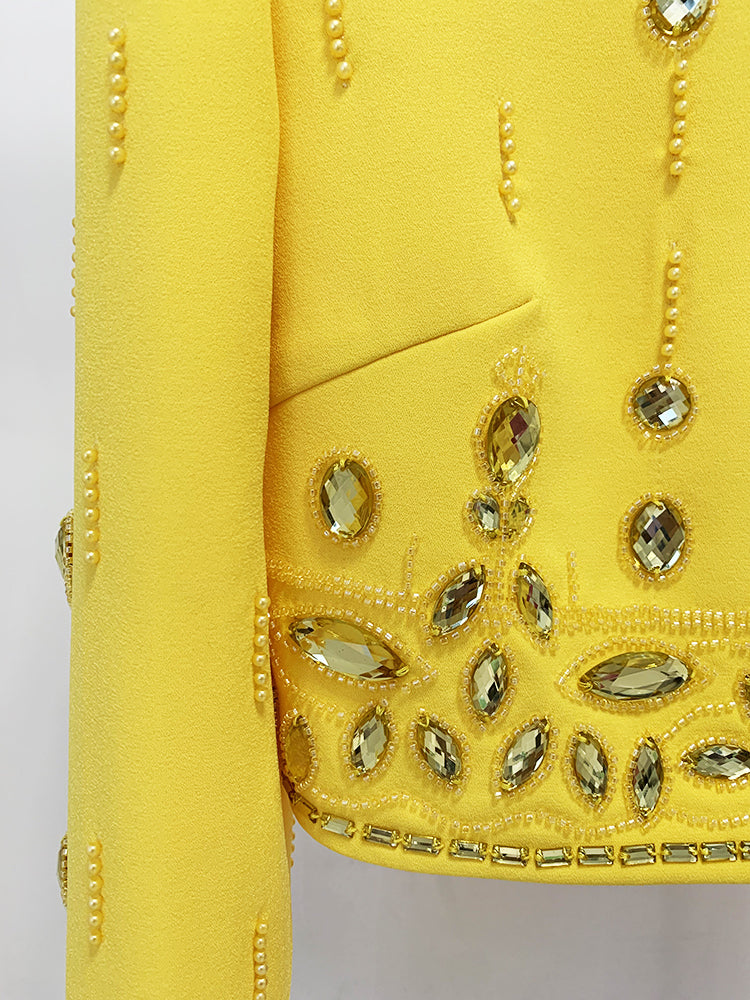 Beautiful Sunny Yellow Rhinestone Bejeweled 2 Piece Bolero Jacket & Mini Skirt Set