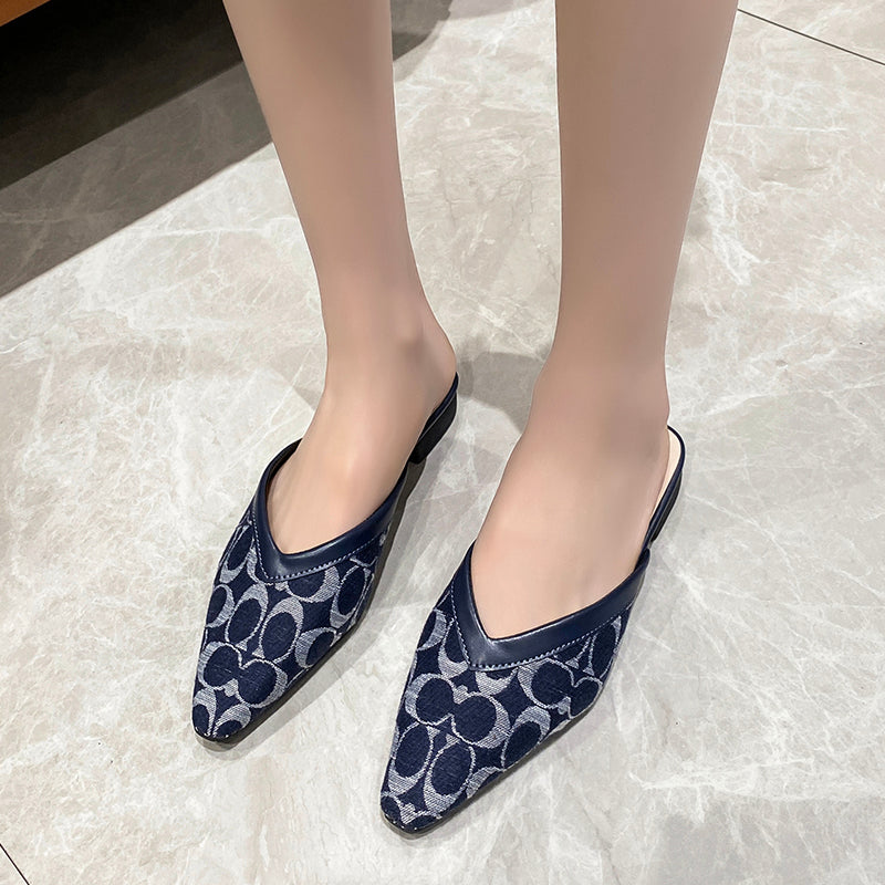 Classic Navy Blue Letter Print Flat Mules