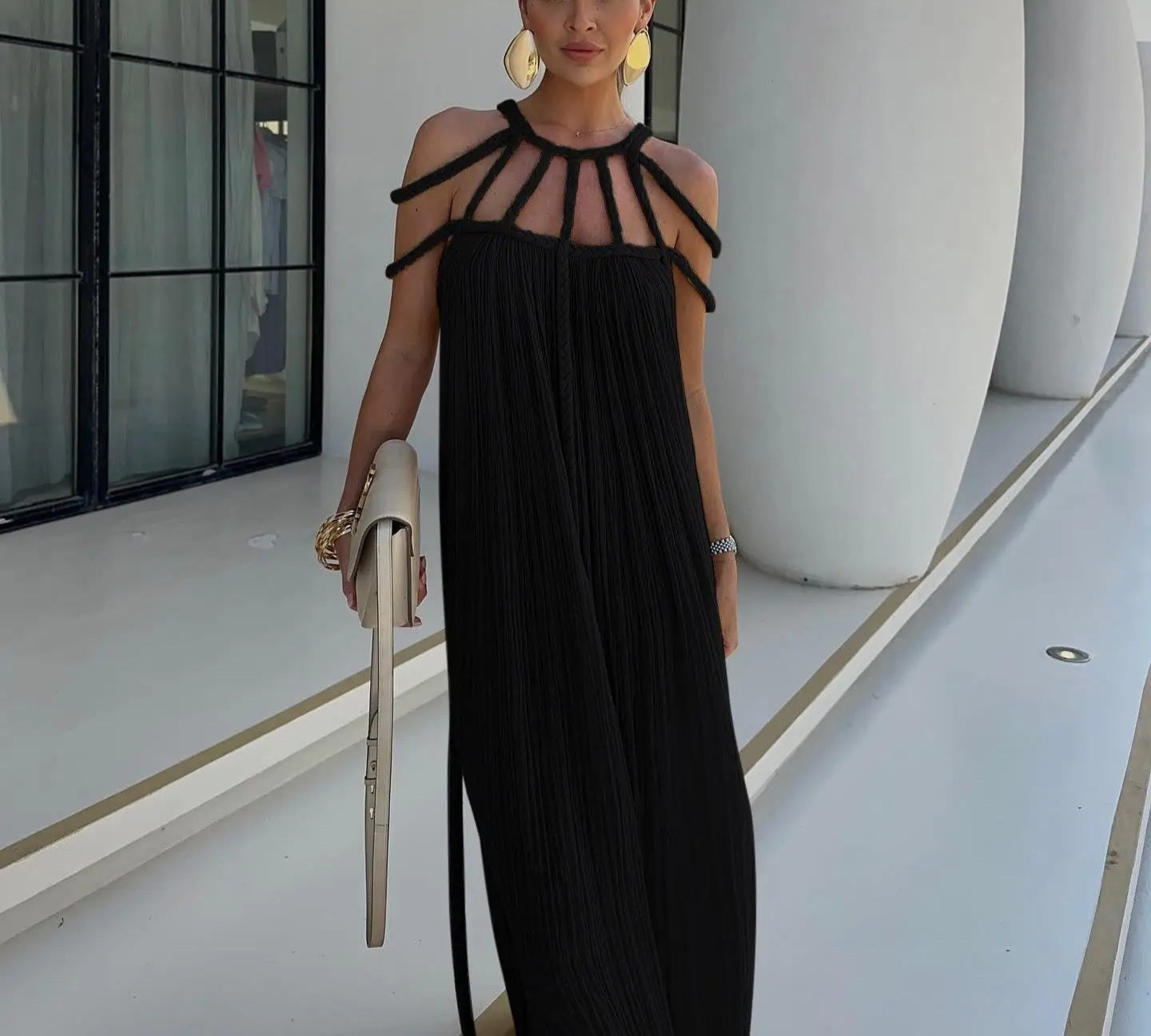Sexy Black Backless Strappy Maxi Dress
