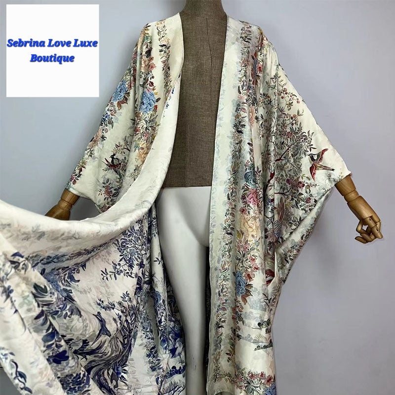Exotic Japanese Floral & Porcelain Print Kimono Robe