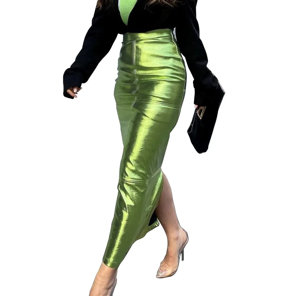 Sexy Metallic Green Bodycon Midi Skirt