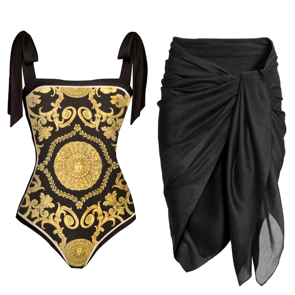 Sexy Gold & Black Italian Print 1pc Swimsuit & Sarong Set