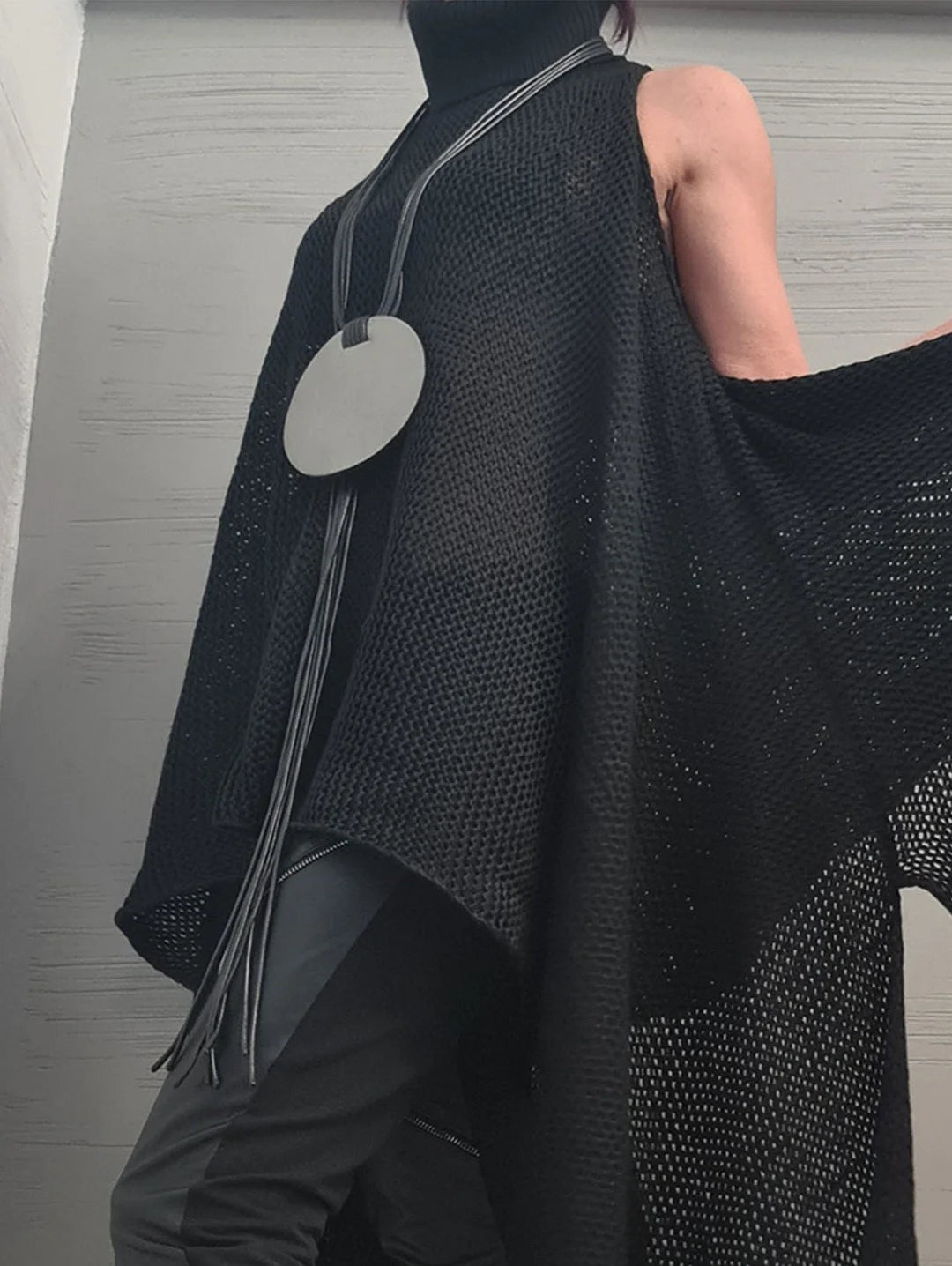 Edgy Black Asymmetrical Hi Low Turtle Neck Tunic Top