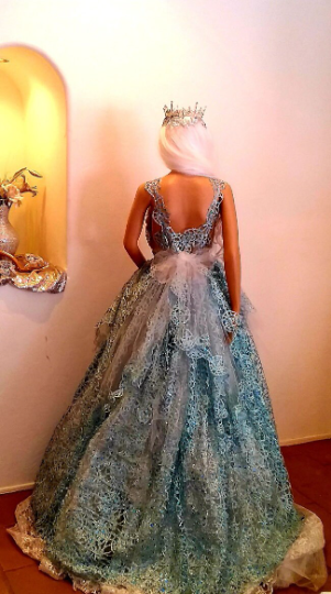 SAMPLE GOWN SET ONLY"AMALI" Turquoise & Silver Lace, Crystal & Tulle Wedding Ballgown Set