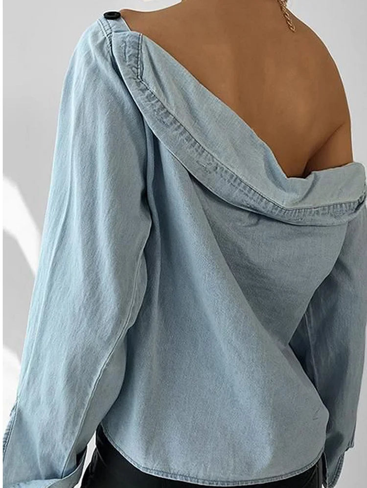 Sexy Boho Off The Shoulder Button Detail Denim Top