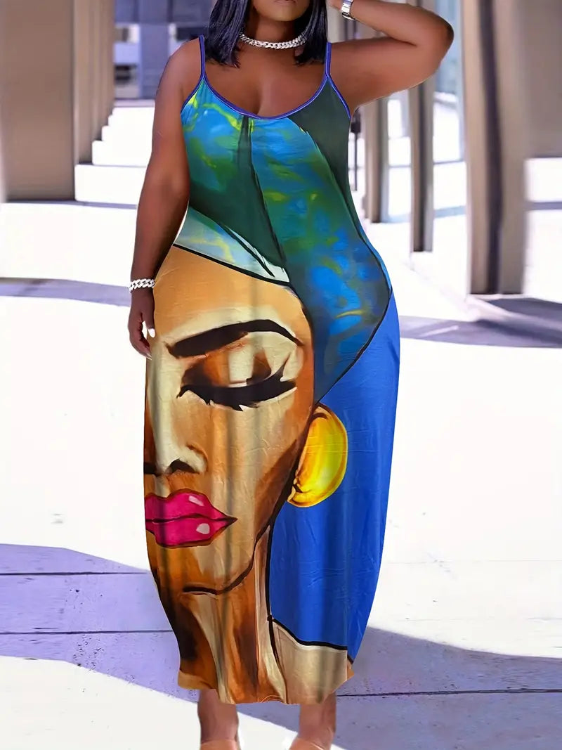 Plus Exotic Blue Multicolor Nubian Lady Portrait Maxi Dress