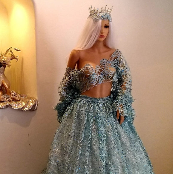 "ANYA" Turquoise & Silver Lace & Tulle Crop Top Wedding Ballgown Set