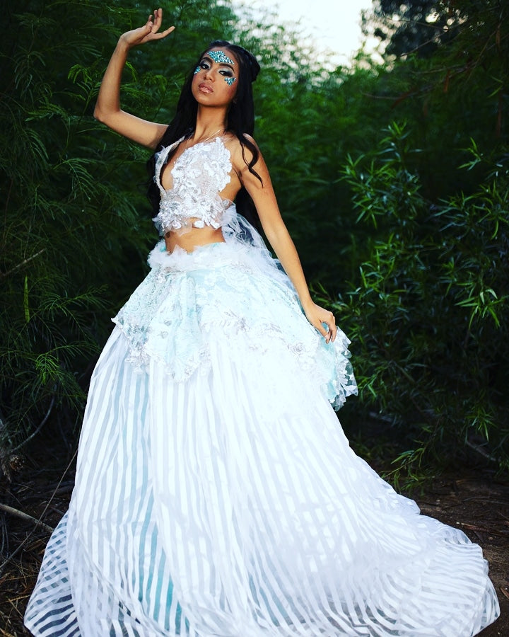 SAMPLE GOWN "THANIA" White, Ice Blue Silver Embroidered, Crystal Striped Organza Wedding Ballgown Set