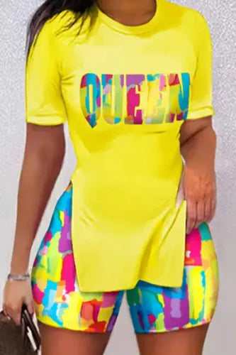 Yellow Multicolor "QUEEN" Abstract Print Top & Shorts Set