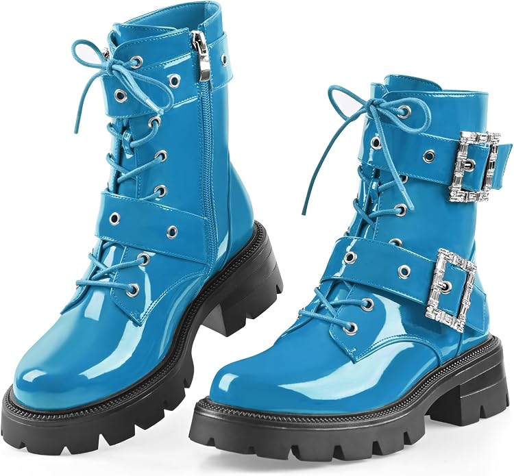 Cool Deep Turquoise Blue Buckle Detail Round Toe Combat Ankle Boots (PRE-ORDER)