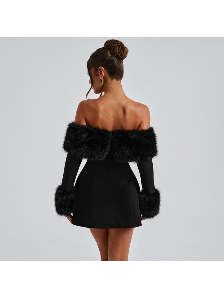 Sexy Black Fur Trim Bardot Off The Shoulder Skater Mini Dress