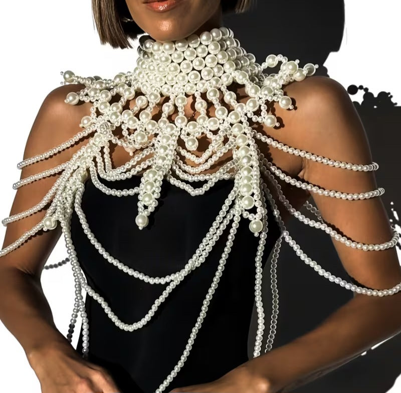 Luxe Draped Faux Pearl Multi Strand Bejeweled Elizabethan Overlay Body Jewelry Crop Top