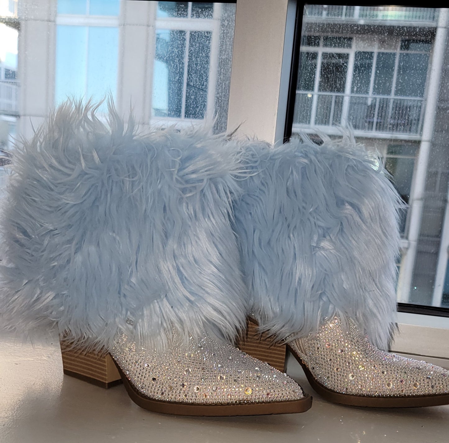 The "LANEY" Boho Festival Crystal Blue Fur Western Boots