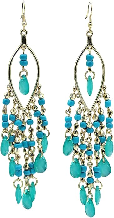Vintage Inspired Ocean Blue & Gold Bejeweled Boho Chandelier Earrings