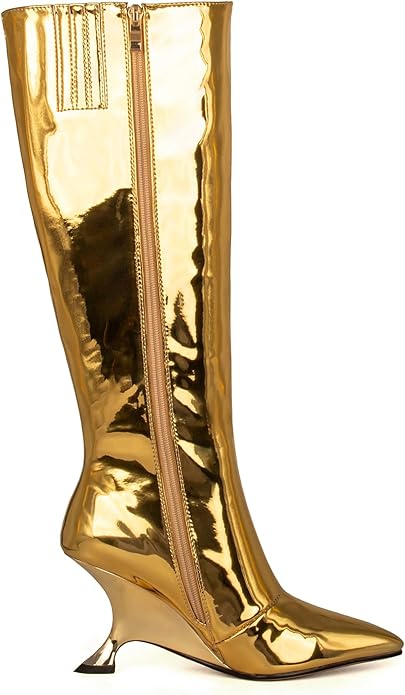 Sexy Metallic Golden Mirror Scoop Wedge Knee Boots