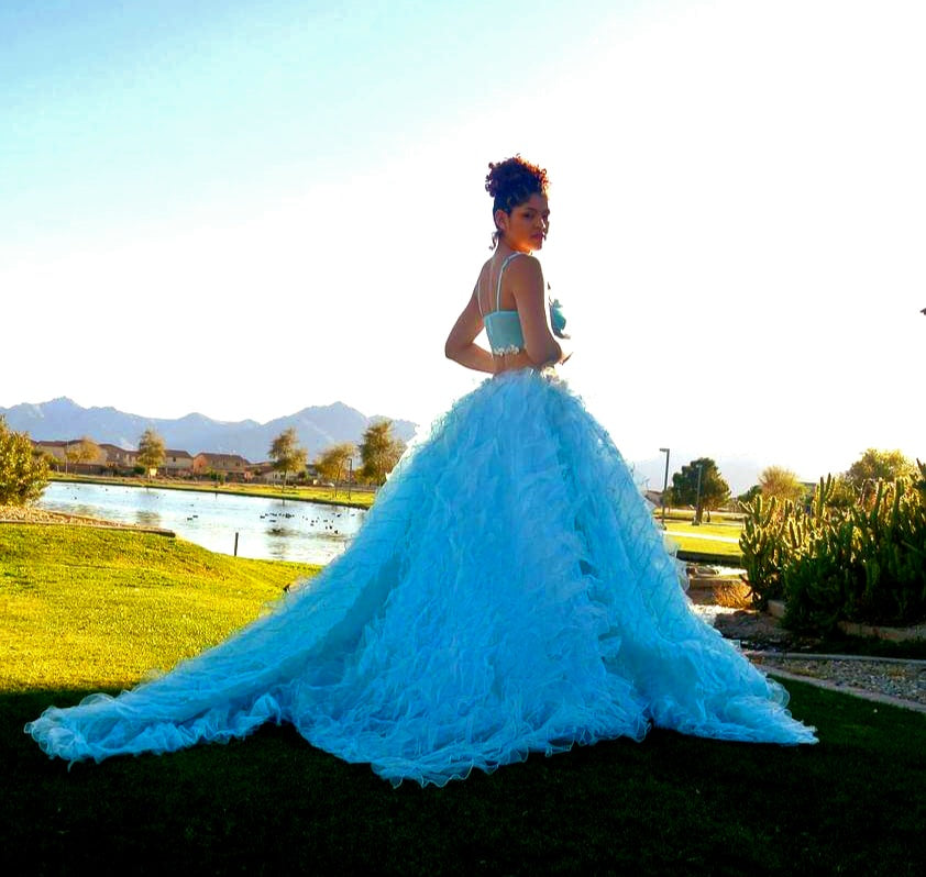 SAMPLE GOWN SET ONLY "MARINA" Turquoise & Silver Lace, Crystal & Tulle Wedding Ballgown Set