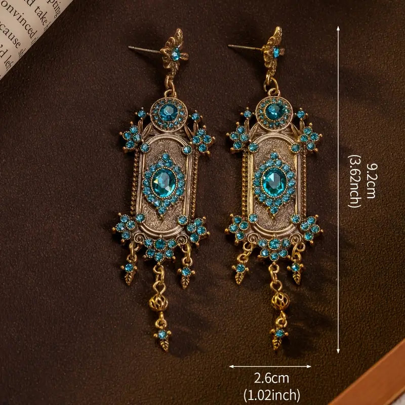 Vintage Inspired Ocean Blue Rhinestone Crystal Bejeweled Chandelier Earrings