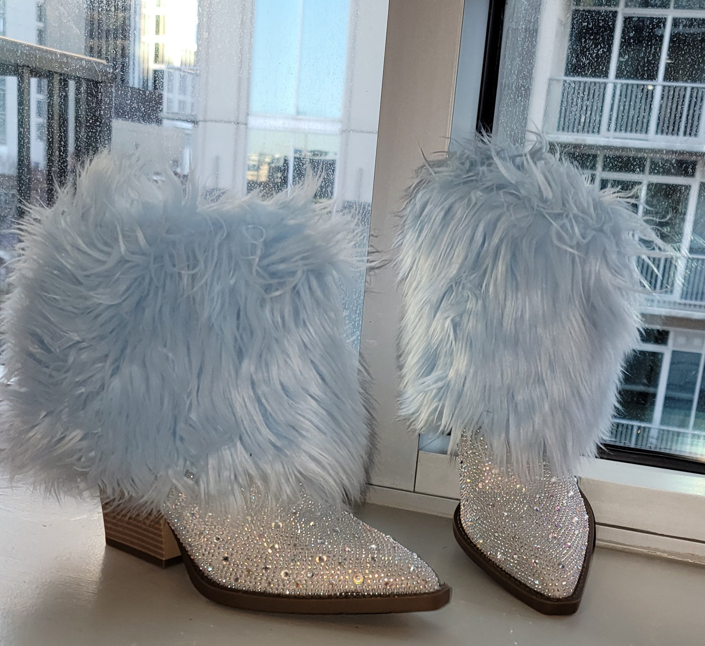 The "LANEY" Boho Festival Crystal Blue Fur Western Boots