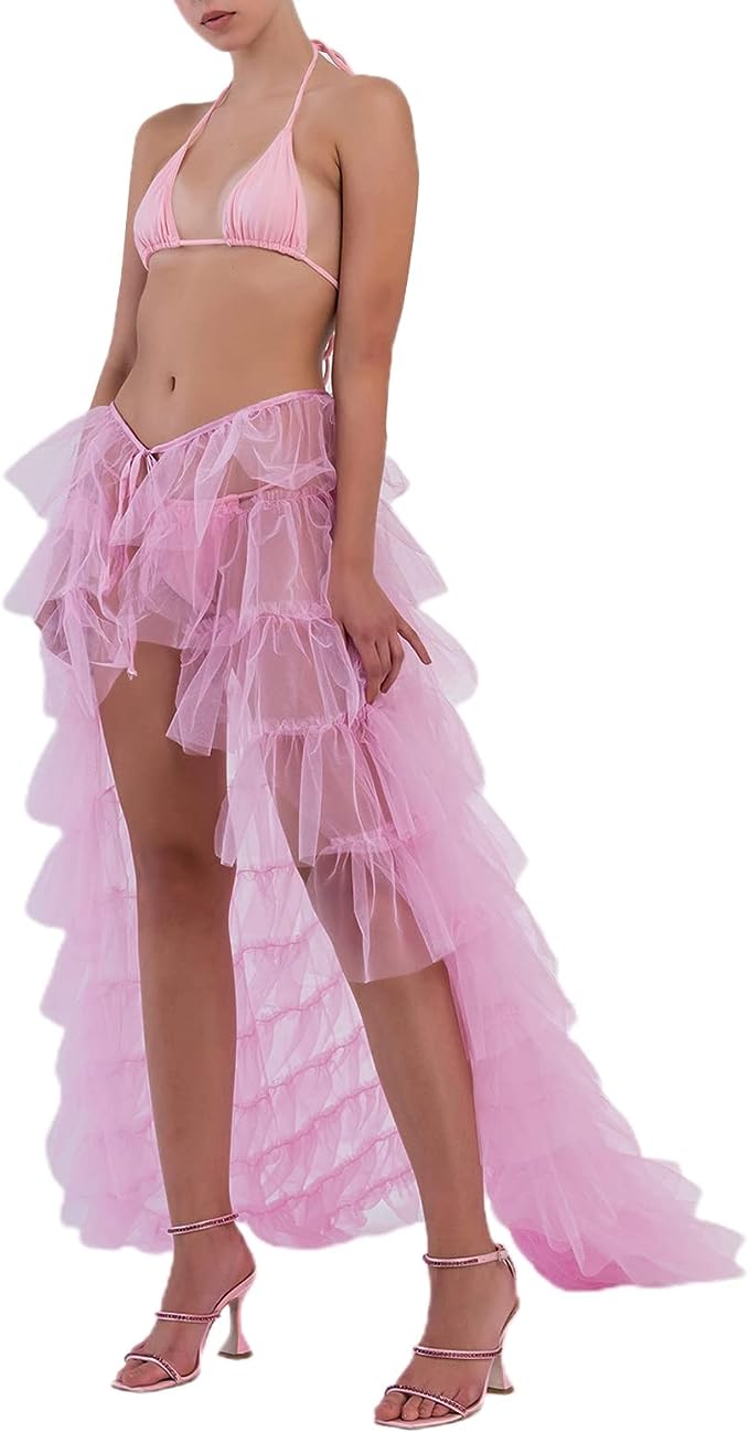 Romantic Ocean Blue Hi Low Ruffled Tulle Maxi Skirt Coverup Dress