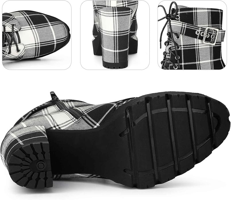 Collegecore Black & White Tartan Plaid Round Toe Platform Combat Ankle Boots