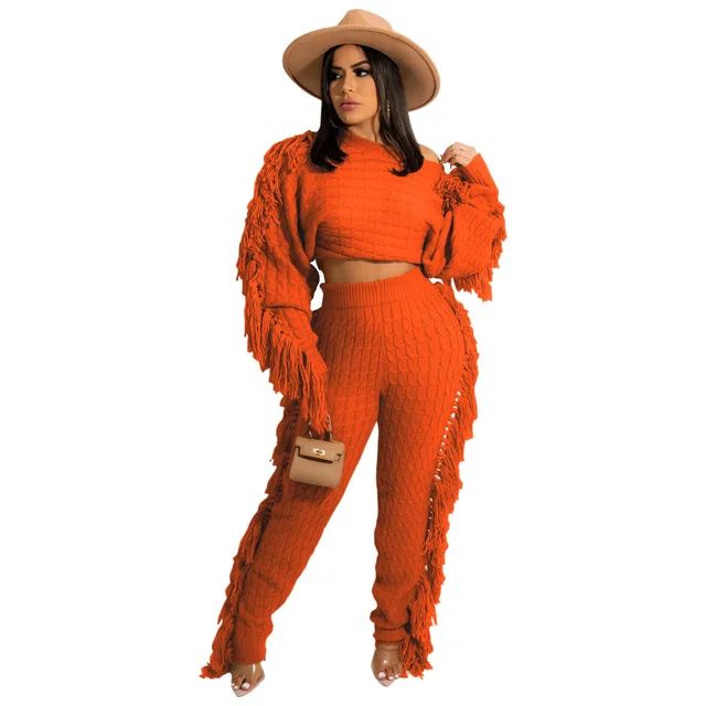 Cozy Orange Knitted Fringe Tassel Trim 2pc Sweater & Pants Set