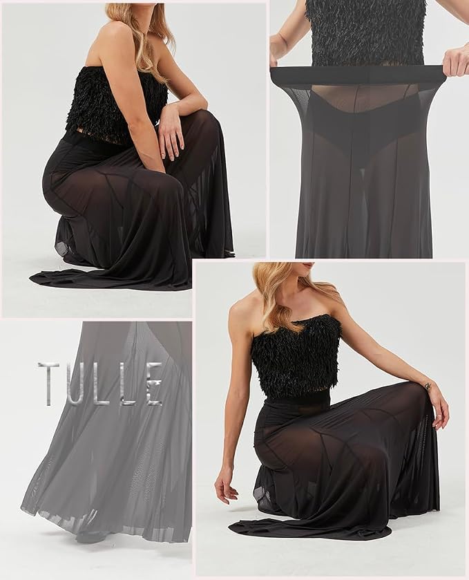 Chic Black Sheer Powermesh Maxi Skirt