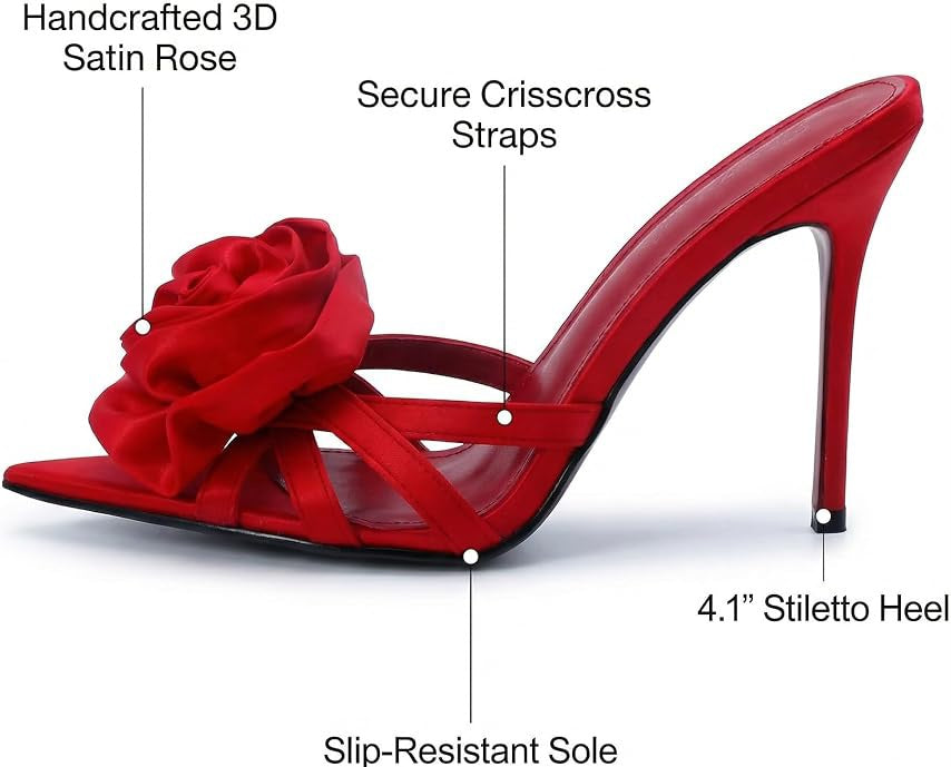 Flirty Romantic Red Satin Rose Embellished Mules