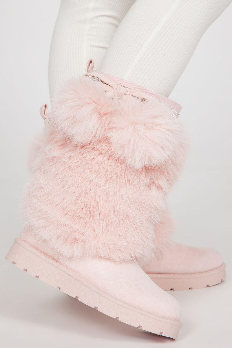 Light Pink Rhinestone Crystal Diamante Faux Fur Boots