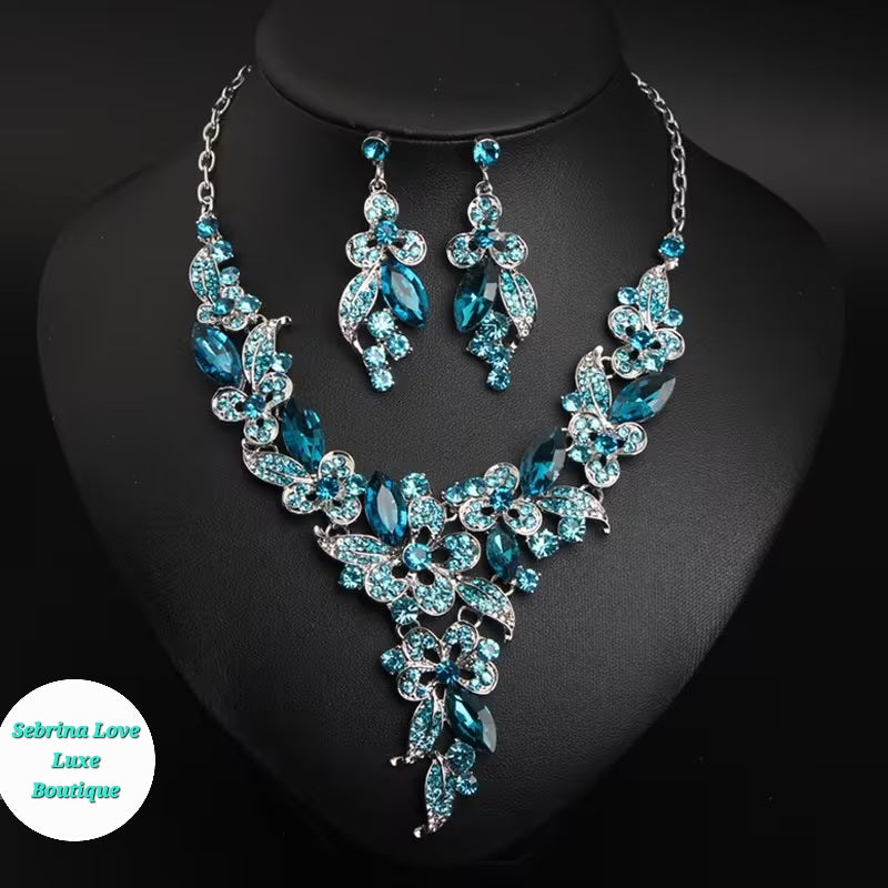 Elegant Vintage Inspired Blue Crystal Diamante Rhinestone Bejeweled Statement Choker Necklace & Earrings Set