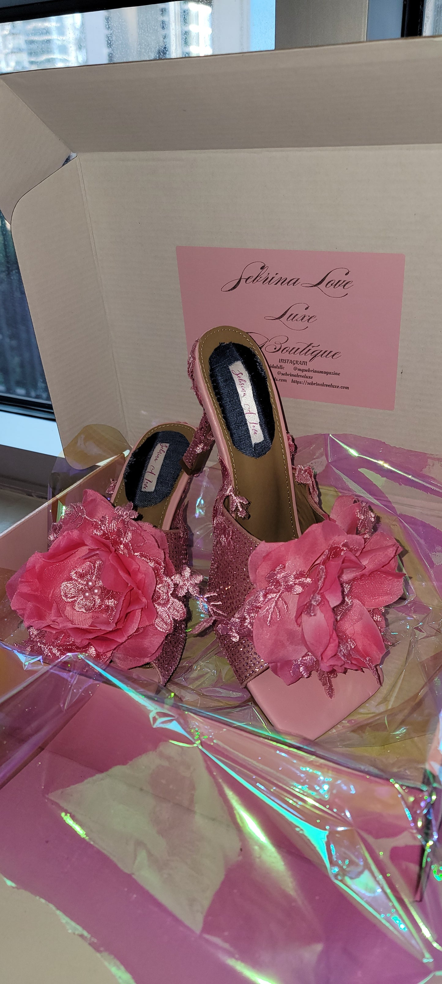 "VANJA" Pink Ice crystal & Rose Lace Mules