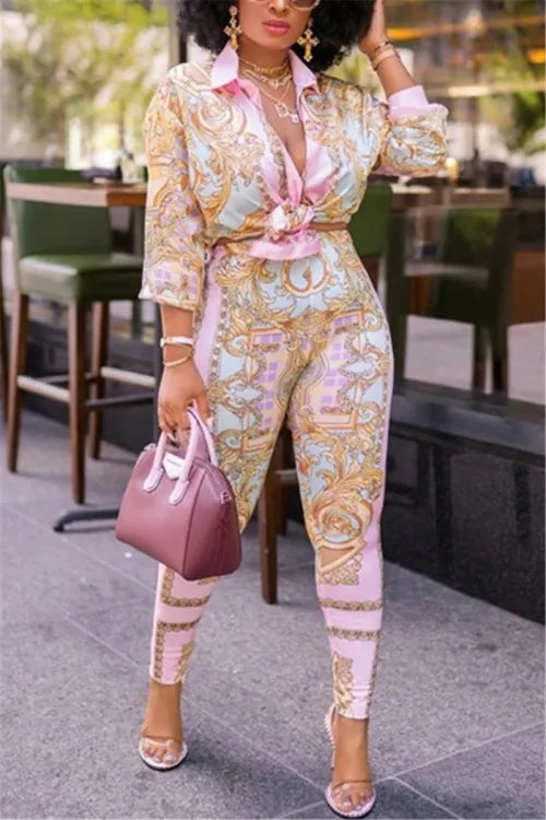 Pink Pastel Multicolor Italian Print 2pc Pants & Top Set
