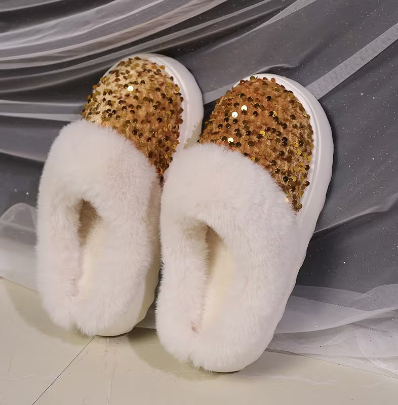 Stylish Gold Sequin Velvet White Faux Fur Trim Outdoor Winter Slip On Flats