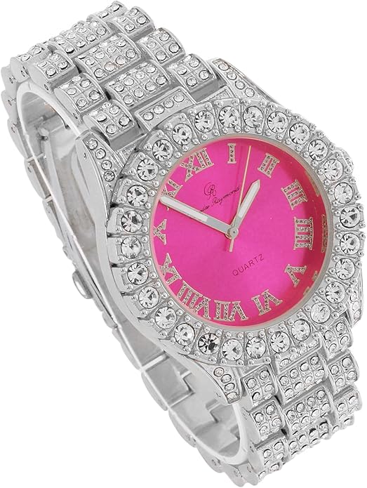 Elegant Silver & Hot Pink Diamante Crystal Bling Watch